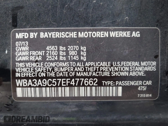 2014 BMW 3 Series 335i with VIN WBA3A9C57EF477662, listed as a IAAI auction lot 41435544 with 129,543 mi miles. Bid and sale history available at carsss.com. Image 9.