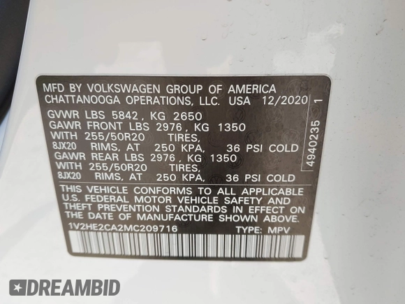 2021 Volkswagen Atlas SE with VIN 1V2HE2CA2MC209716, listed as a IAAI auction lot 42710825 with 29,484 mi miles and . Bid and sale history available at DreamBid. Image 9.