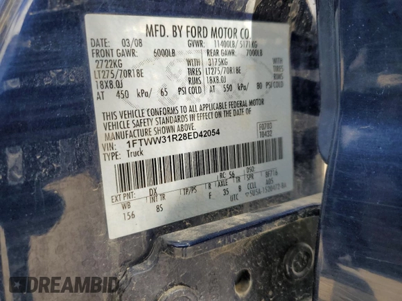 2008 Ford F-350 XL with VIN 1FTWW31R28ED42054, listed as a Copart auction lot 50200235 with 226,309 mi miles and Salvage title. Bid and sale history available at DreamBid. Image 12.