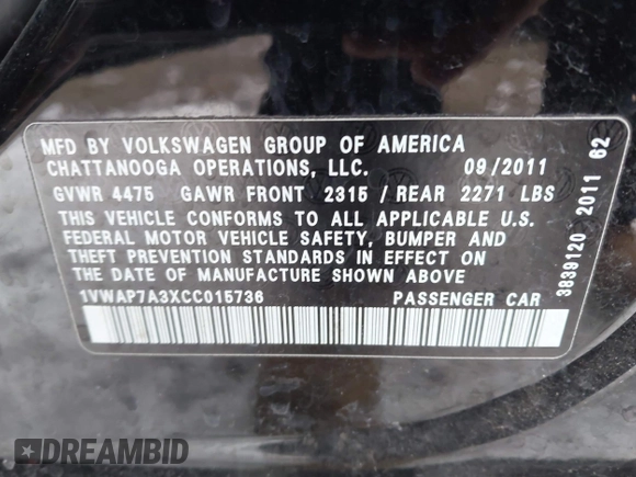2012 Volkswagen Passat S w/Appearance with VIN 1VWAP7A3XCC015736, listed as a IAAI auction lot 41292429 with 155,874 mi miles. Bid and sale history available at carsss.com. Image 9.