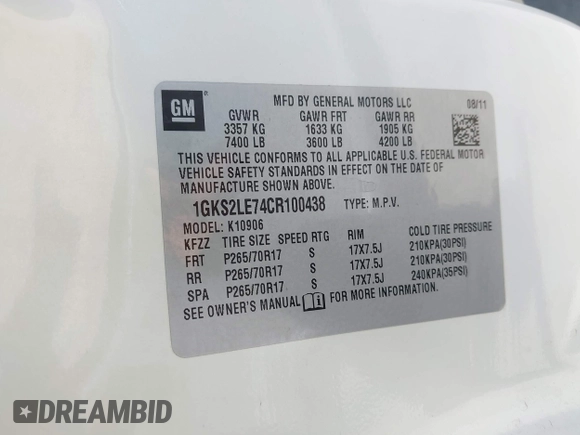2012 GMC Yukon XL SLT z VIN 1GKS2LE74CR100438, wystawiony jako IAAI lot #42319226 z przebiegiem 172 628 mil mil oraz . Historia ofert i sprzedaży dostępna na DreamBid. Obrazek 9.