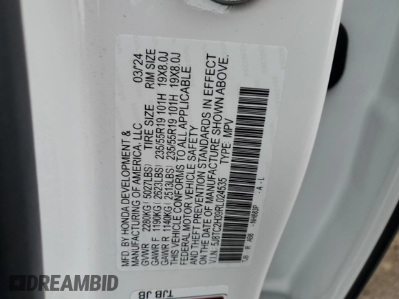 2024 Acura RDX with VIN 5J8TC2H39RL024535, listed as a Copart auction lot 44133795 with Not provided miles and Salvage title. Bid and sale history available at DreamBid. Image 15.