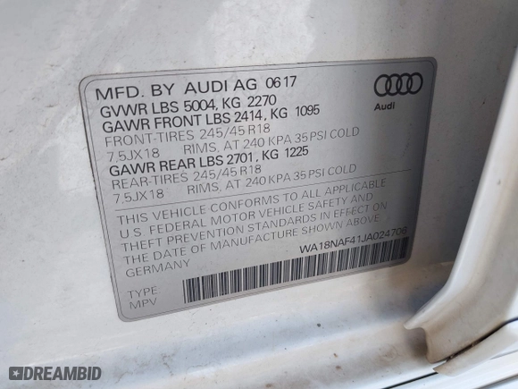 2018 Audi A4 allroad Premium Plus with VIN WA18NAF41JA024706, listed as a IAAI auction lot 41921127 with 76,719 mi miles. Bid and sale history available at carsss.com. Image 9.