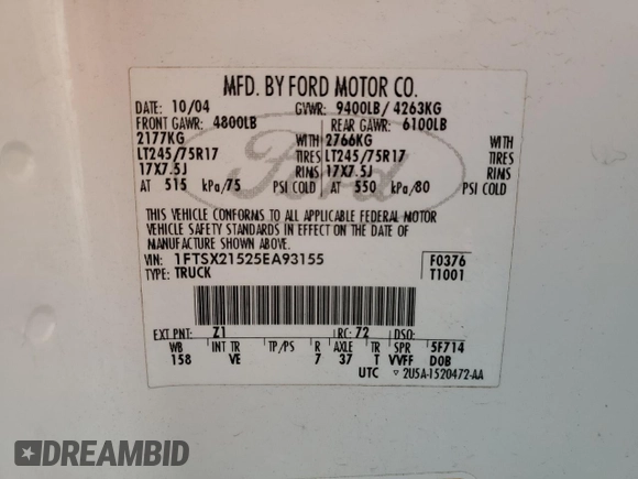 2005 Ford F-250 XL z VIN 1FTSX21525EA93155, wystawiony jako Copart lot #76545963 z przebiegiem 113 656 mil mil oraz Szkoda całkowita • Salvage title. Historia ofert i sprzedaży dostępna na DreamBid. Obrazek 12.