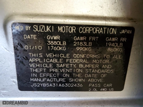 2010 Suzuki SX4 with VIN JS2YB5A31A6302436, listed as a Copart auction lot 88473455 with 78,839 mi miles and Salvage Title. Bid and sale history available at carsss.com. Image 12.