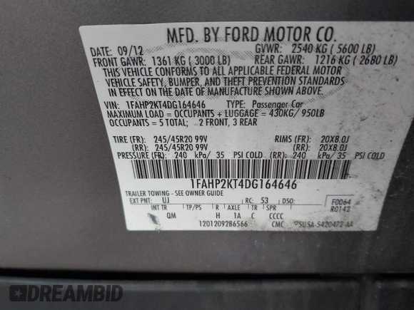 2013 Ford Taurus SHO с VIN 1FAHP2KT4DG164646, выставлен на аукционе IAAI как лот 42274365 с пробегом 225 482 миль миль и . История ставок и продаж доступна на DreamBid. Изображение 9.