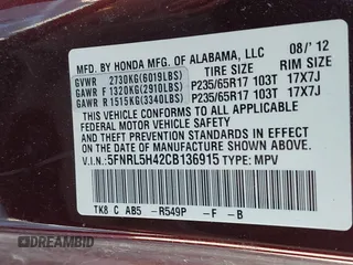 2012 Honda Odyssey EX with VIN 5FNRL5H42CB136915, listed as a IAAI auction lot 41972714 with 211,729 mi miles and . Bid and sale history available at carsss.com. Image 9.