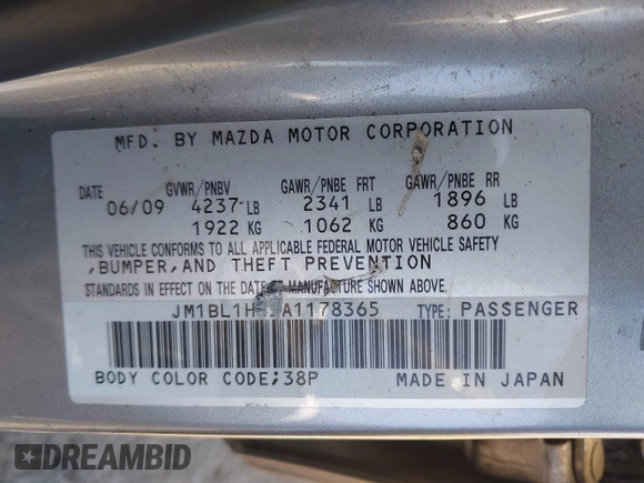 2010 Mazda 3 Mazdaspeed3 Sport with VIN JM1BL1H45A1178365, listed as a IAAI auction lot 42555597 with 129,145 mi miles and . Bid and sale history available at DreamBid. Image 9.