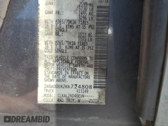 2019 Nissan Frontier SV with VIN 1N6AD0ER2KN724808, listed as a Copart auction lot 57992105 with 96,312 mi miles and Non repairable. Bid and sale history available at DreamBid. Image 12.