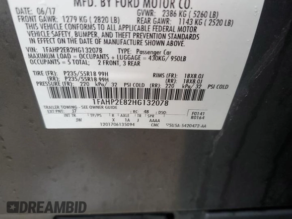 2017 Ford Taurus SEL with VIN 1FAHP2E82HG132078, listed as a Copart auction lot 47418165 with 101,424 mi miles and Salvage title. Bid and sale history available at DreamBid. Image 13.