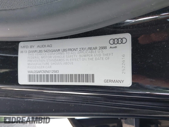 2014 Audi A7 Prestige with VIN WAU2GAFC5EN012583, listed as a IAAI auction lot 42561824 with Not provided miles and . Bid and sale history available at DreamBid. Image 9.