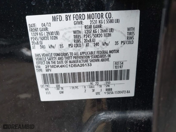 2013 Ford Edge Limited with VIN 2FMDK4KC1DBA26133, listed as a IAAI auction lot 41459834 with 161,543 mi miles. Bid and sale history available at carsss.com. Image 9.