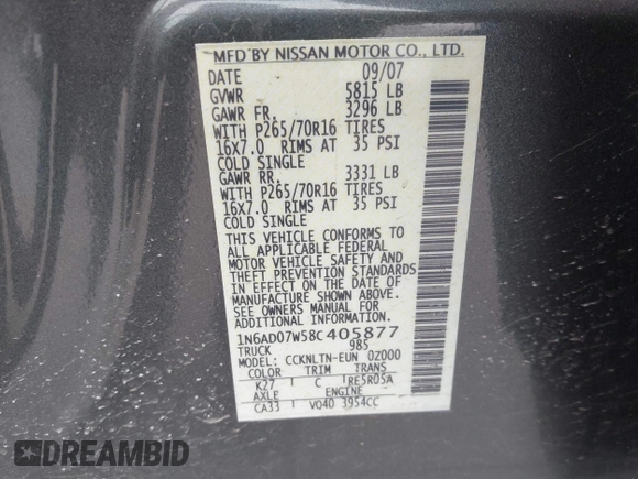 2008 Nissan Frontier SE with VIN 1N6AD07W58C405877, listed as a IAAI auction lot 41804611 with 81,859 mi miles and . Bid and sale history available at DreamBid. Image 9.