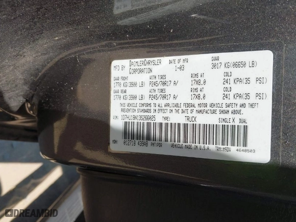 2003 Dodge Ram 1500 ST with VIN 1D7HU18N13S266025, listed as a IAAI auction lot 42040676 with 211,673 mi miles. Bid and sale history available at carsss.com. Image 9.