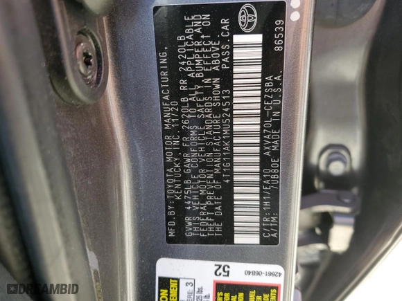 2021 Toyota Camry SE Nightshade with VIN 4T1G11AK1MU524513, listed as a Copart auction lot 47875845 with 78,244 mi miles and Non Repairable. Bid and sale history available at carsss.com. Image 15.