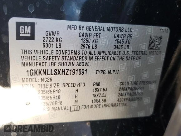 2017 GMC Acadia SLE with VIN 1GKKNLLSXHZ191091, listed as a Copart auction lot 46167855 with 68,979 mi miles and Salvage Title. Bid and sale history available at carsss.com. Image 13.