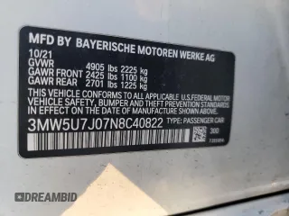 2022 BMW 3 Series M340i with VIN 3MW5U7J07N8C40822, listed as a Copart auction lot 84839034 with 92,672 mi miles and Salvage Title. Bid and sale history available at carsss.com. Image 12.