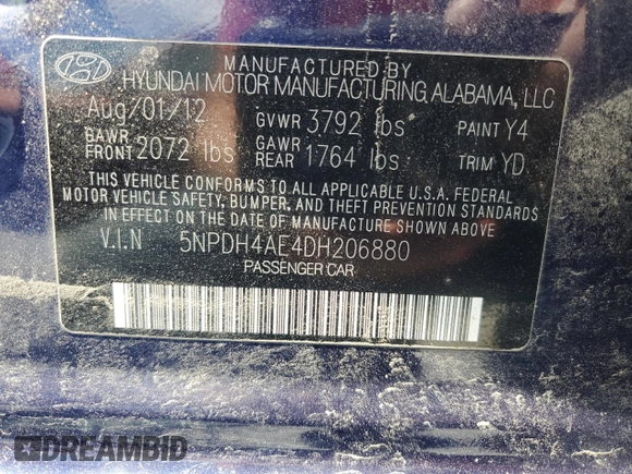 2013 Hyundai Elantra GLS z VIN 5NPDH4AE4DH206880, wystawiony jako Copart lot #56016145 z przebiegiem 112 681 mil mil oraz Szkoda całkowita • Salvage title. Historia ofert i sprzedaży dostępna na DreamBid. Obrazek 13.