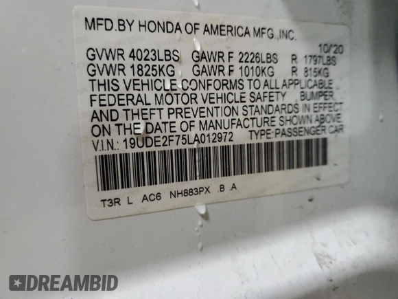 2020 Acura ILX Premium with VIN 19UDE2F75LA012972, listed as a Copart auction lot 57760535 with 43,059 mi miles and Salvage title. Bid and sale history available at DreamBid. Image 12.