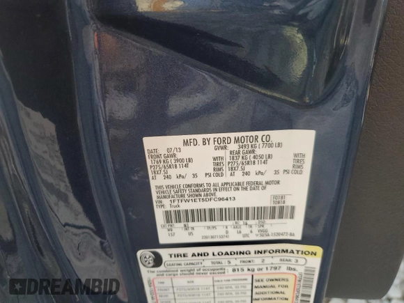2013 Ford F-150 XL with VIN 1FTFW1ET5DFC96413, listed as a Copart auction lot 59771765 with 116,078 mi miles and Salvage title. Bid and sale history available at DreamBid. Image 13.