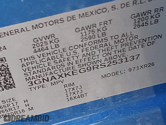 2024 Chevrolet Equinox LT with VIN 3GNAXKEG9RS253137, listed as a IAAI auction lot 42382293 with 4,824 mi miles and . Bid and sale history available at DreamBid. Image 9.