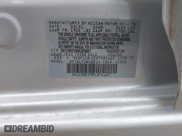 2021 Nissan Versa SV z VIN 3N1CN8EV9ML876627, wystawiony jako IAAI lot #42297873 z przebiegiem 72 216 mil mil oraz . Historia ofert i sprzedaży dostępna na DreamBid. Obrazek 9.