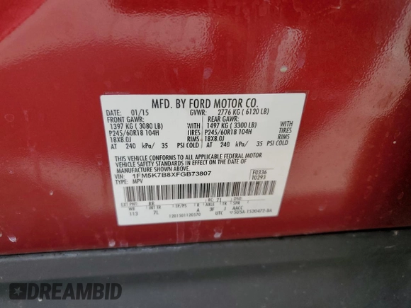 2015 Ford Explorer with VIN 1FM5K7B8XFGB73807, listed as a Copart auction lot 54792365 with 118,422 mi miles and Salvage title. Bid and sale history available at DreamBid. Image 13.