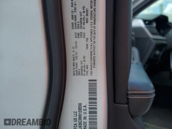 2021 Jeep Grand Cherokee Limited with VIN 1C4RJKBG3M8139556, listed as a Copart auction lot 61906875 with 48,215 mi miles and Salvage title. Bid and sale history available at DreamBid. Image 13.