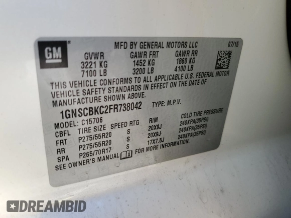 2015 Chevrolet Tahoe LT with VIN 1GNSCBKC2FR738042, listed as a Copart auction lot 84856214 with 144,325 mi miles and Salvage title. Bid and sale history available at DreamBid. Image 14.