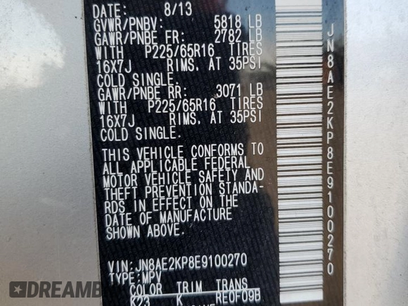 2014 Nissan Quest S with VIN JN8AE2KP8E9100270, listed as a Copart auction lot 48731605 with 205,624 mi miles and Salvage Title. Bid and sale history available at DreamBid. Image 13.