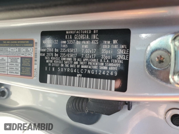 2022 Kia Sorento LX with VIN 5XYRG4LC7NG124249, listed as a Copart auction lot 50904165 with 32,759 mi miles and Salvage Title. Bid and sale history available at carsss.com. Image 15.