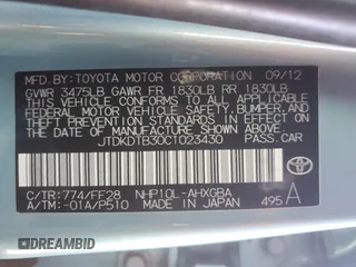 2012 Toyota Prius One with VIN JTDKDTB30C1023430, listed as a Copart auction lot 48027695 with 90,728 mi miles and Salvage Title. Bid and sale history available at DreamBid. Image 14.