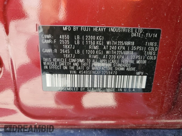 2015 Subaru Outback Limited z VIN 4S4BSENC6F3259470, wystawiony jako Copart lot #56180175 z przebiegiem 93 924 mil mil oraz Szkoda całkowita • Salvage title. Historia ofert i sprzedaży dostępna na DreamBid. Obrazek 14.