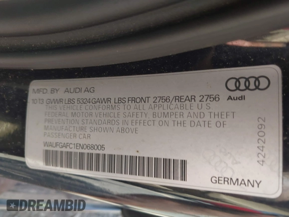 2014 Audi A6 Premium Plus z VIN WAUFGAFC1EN068005, wystawiony jako IAAI lot #42577265 z przebiegiem 109 947 mil mil oraz . Historia ofert i sprzedaży dostępna na DreamBid. Obrazek 9.