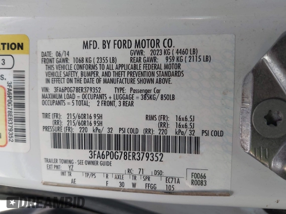 2014 Ford Fusion S with VIN 3FA6P0G78ER379352, listed as a IAAI auction lot 42014440 with 175,414 mi miles and . Bid and sale history available at DreamBid. Image 9.