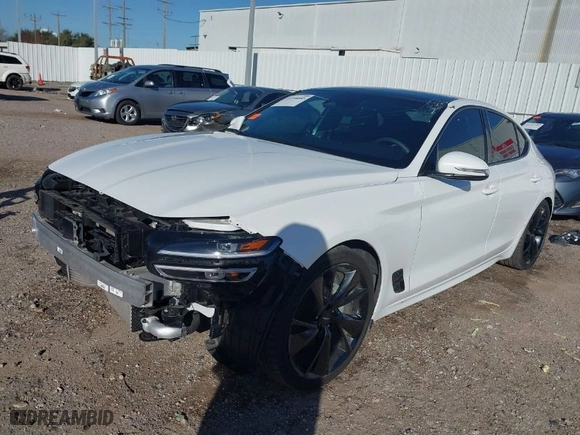 2023 Genesis G70 2.0T with VIN KMTG34TA1PU130245, listed as a IAAI auction lot 41198085 with 21,483 mi miles. Bid and sale history available at carsss.com. Image 2.