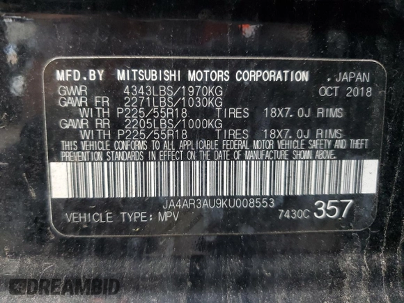2019 Mitsubishi Outlander ES z VIN JA4AR3AU9KU008553, wystawiony jako Copart lot #55217945 z przebiegiem 85 670 mil mil oraz Szkoda całkowita • Salvage title. Historia ofert i sprzedaży dostępna na DreamBid. Obrazek 13.