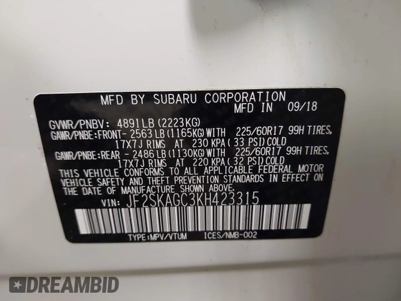 2019 Subaru Forester Premium with VIN JF2SKAGC3KH423315, listed as a IAAI auction lot 41216364 with 105,019 mi miles. Bid and sale history available at carsss.com. Image 9.
