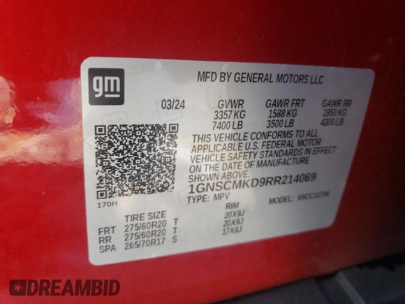 2024 Chevrolet Tahoe LS with VIN 1GNSCMKD9RR214069, listed as a Copart auction lot 86371114 with 14,453 mi miles and Salvage title. Bid and sale history available at DreamBid. Image 13.
