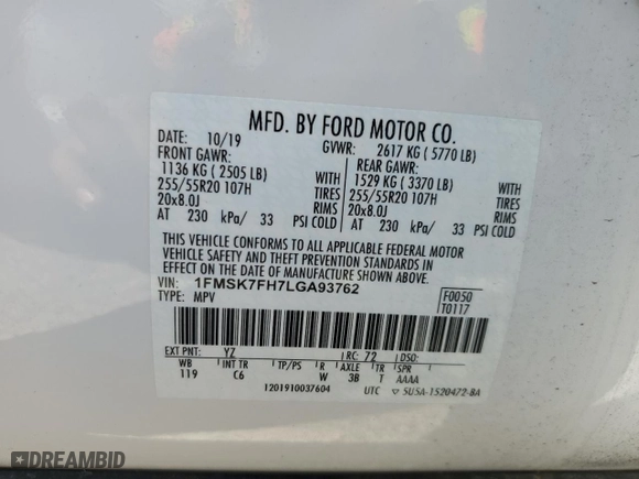 2020 Ford Explorer Limited with VIN 1FMSK7FH7LGA93762, listed as a Copart auction lot 74990684 with 0 mi miles and Salvage Title. Bid and sale history available at carsss.com. Image 13.