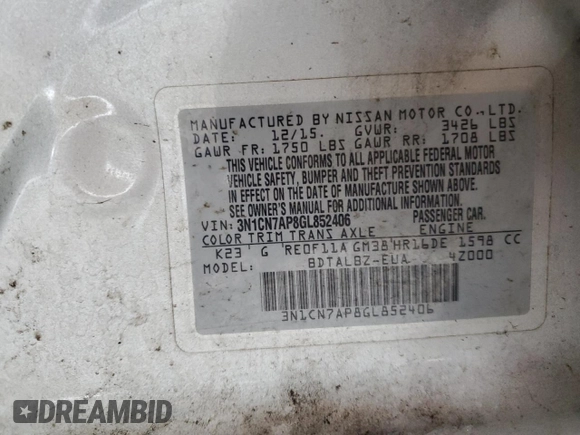 2016 Nissan Versa S with VIN 3N1CN7AP8GL852406, listed as a Copart auction lot 55884205 with 124,748 mi miles and Salvage title. Bid and sale history available at DreamBid. Image 12.