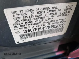 2003 Honda Pilot EX with VIN 2HKYF18433H612070, listed as a IAAI auction lot 41852286 with 242,891 mi miles and . Bid and sale history available at DreamBid. Image 9.