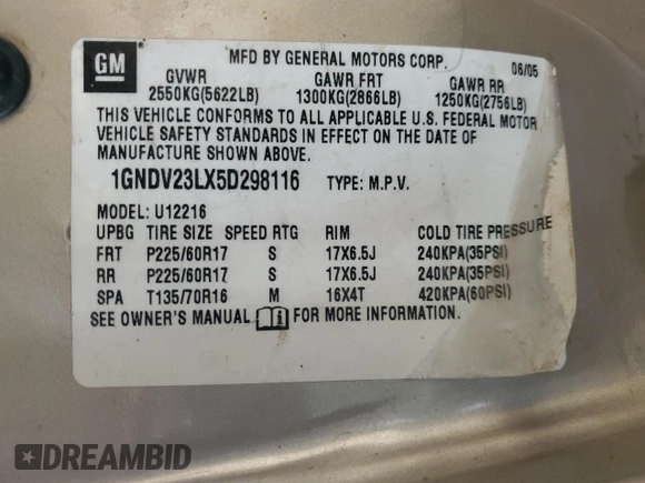 2005 Chevrolet Uplander LS with VIN 1GNDV23LX5D298116, listed as a Copart auction lot 42229745 with 0 mi miles and Salvage Title. Bid and sale history available at carsss.com. Image 13.