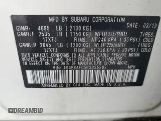 2019 Subaru Outback Premium with VIN 4S4BSAFC5K3335309, listed as a Copart auction lot 62479545 with 46,004 mi miles and Salvage title. Bid and sale history available at DreamBid. Image 13.