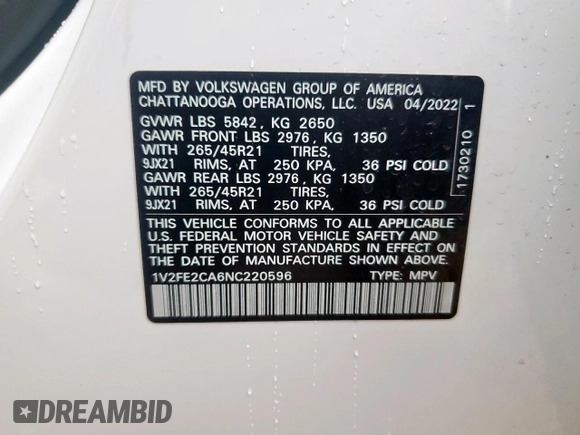 2022 Volkswagen Atlas SEL Premium R-Line with VIN 1V2FE2CA6NC220596, listed as a Copart auction lot 58773465 with 13,119 mi miles and Salvage title. Bid and sale history available at DreamBid. Image 13.