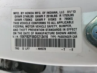 2013 Honda Civic Sdn LX with VIN 19XFB2F59DE213416, listed as a Copart auction lot 53477085 with 69,753 mi miles and Salvage Title. Bid and sale history available at carsss.com. Image 15.