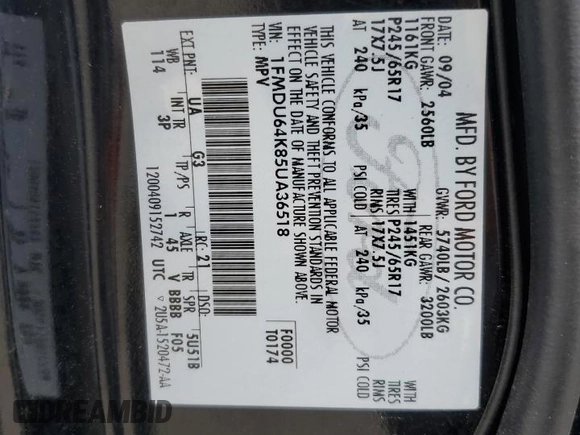 2005 Ford Explorer Eddie Bauer z VIN 1FMDU64K85UA36518, wystawiony jako Copart lot #57399285 z przebiegiem 132 178 mil mil oraz Szkoda całkowita • Salvage title. Historia ofert i sprzedaży dostępna na DreamBid. Obrazek 13.