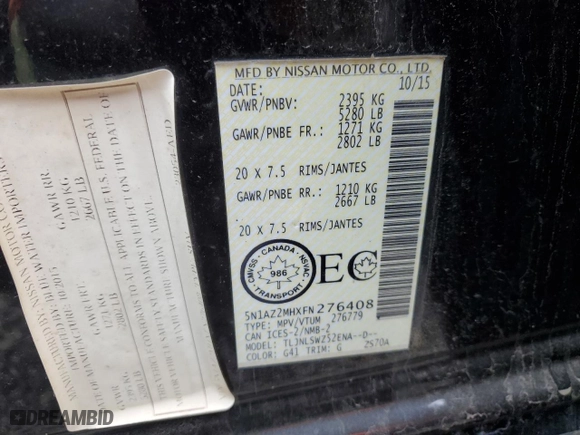 2015 Nissan Murano Platinum with VIN 5N1AZ2MHXFN276408, listed as a Copart auction lot 53737995 with 89,743 mi miles and Salvage Title. Bid and sale history available at carsss.com. Image 12.