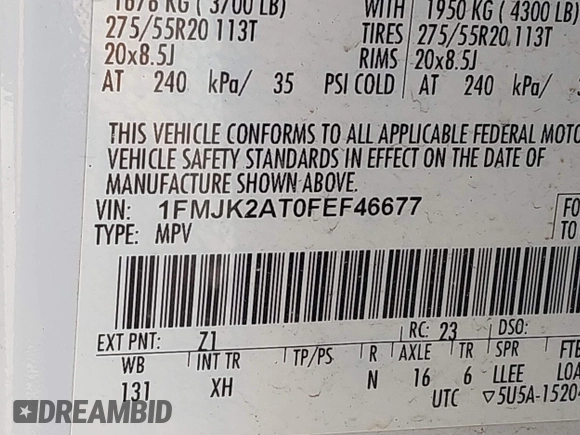 2015 Ford Expedition Max Limited with VIN 1FMJK2AT0FEF46677, listed as a IAAI auction lot 41821917 with 146,420 mi miles and . Bid and sale history available at DreamBid. Image 9.