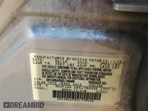 2012 Nissan Sentra SR with VIN 3N1AB6AP8CL748406, listed as a Copart auction lot 59000845 with 221,945 mi miles and Salvage title. Bid and sale history available at DreamBid. Image 12.